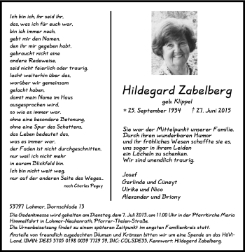 Anzeige von Hildegard Zabelberg von Kölner Stadt-Anzeiger / Kölnische Rundschau / Express