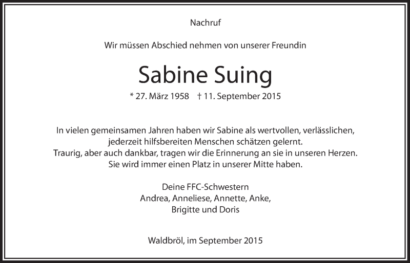  Traueranzeige für Sabine Suing vom 30.09.2015 aus  Lokalanzeiger 