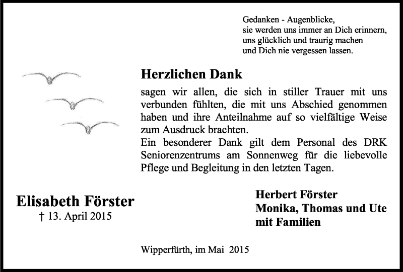  Traueranzeige für Elisabeth Förster vom 23.05.2015 aus Kölner Stadt-Anzeiger / Kölnische Rundschau / Express