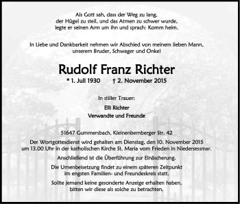 Anzeige von Rudolf Franz Richter von Kölner Stadt-Anzeiger / Kölnische Rundschau / Express