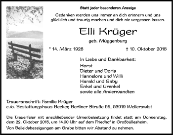 Anzeige von Elli Krüger von Kölner Stadt-Anzeiger / Kölnische Rundschau / Express