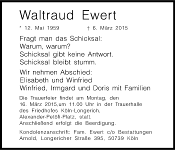 Anzeige von Waltraud Ewert von Kölner Stadt-Anzeiger / Kölnische Rundschau / Express