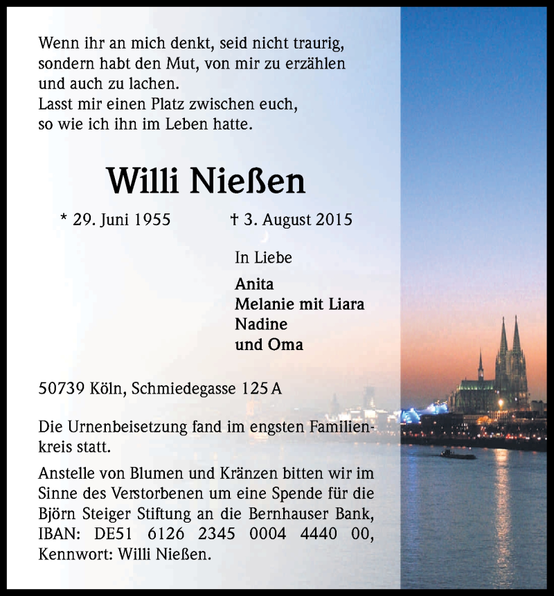  Traueranzeige für Willi Nießen vom 22.08.2015 aus Kölner Stadt-Anzeiger / Kölnische Rundschau / Express