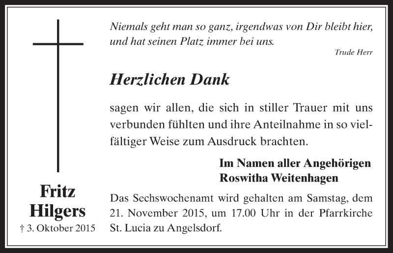  Traueranzeige für Fritz Hilgers vom 18.11.2015 aus  Werbepost 