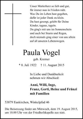 Anzeige von Paula Vogel von  Blickpunkt Euskirchen 