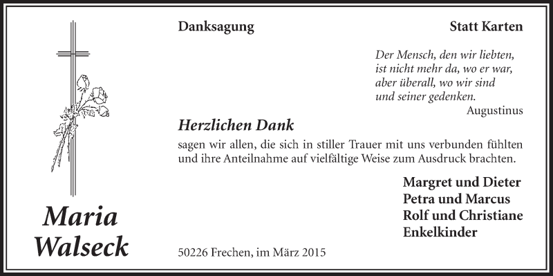  Traueranzeige für Maria Walseck vom 07.03.2015 aus  Sonntags-Post 