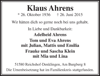 Anzeige von Klaus Ahrens von  Lokalanzeiger 