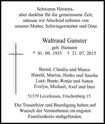 Anzeige von Waltraud Ganster von Kölner Stadt-Anzeiger / Kölnische Rundschau / Express