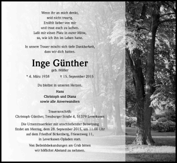 Anzeige von Inge Günther von Kölner Stadt-Anzeiger / Kölnische Rundschau / Express