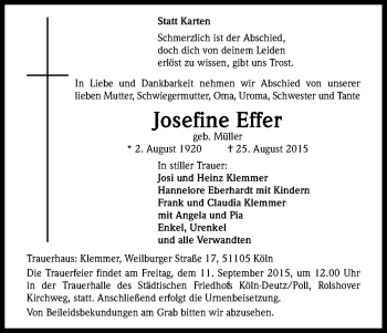 Anzeige von Josefine Effer von Kölner Stadt-Anzeiger / Kölnische Rundschau / Express