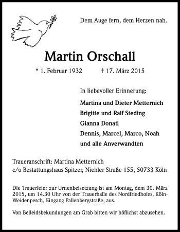 Anzeige von Marianne Orschall von Kölner Stadt-Anzeiger / Kölnische Rundschau / Express