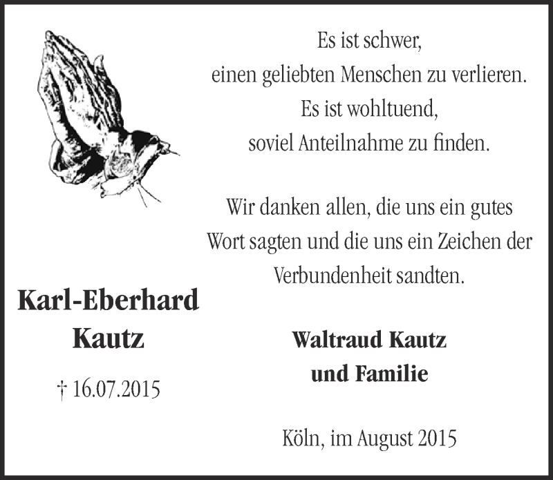  Traueranzeige für Karl-Eberhard Kautz vom 12.08.2015 aus  Kölner Wochenspiegel 
