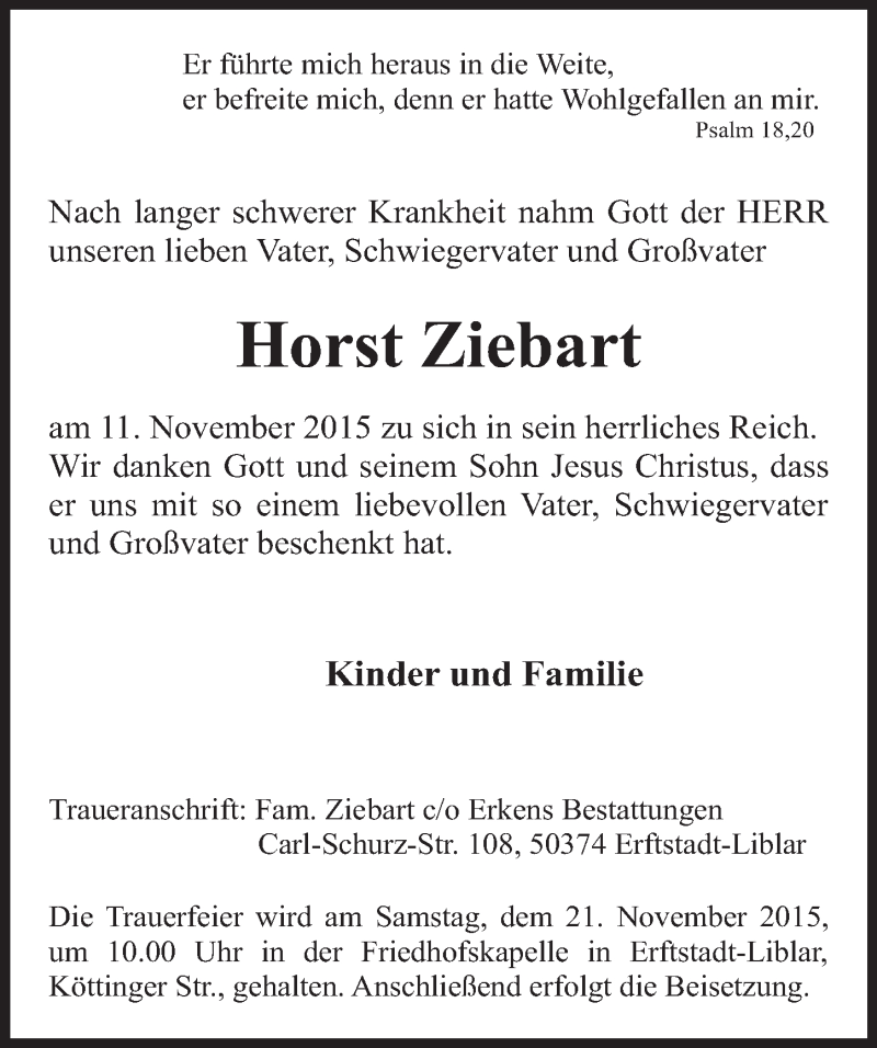  Traueranzeige für Horst Ziebart vom 18.11.2015 aus  Werbepost 