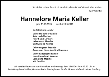 Anzeige von Hannelore Maria Keller von Kölner Stadt-Anzeiger / Kölnische Rundschau / Express