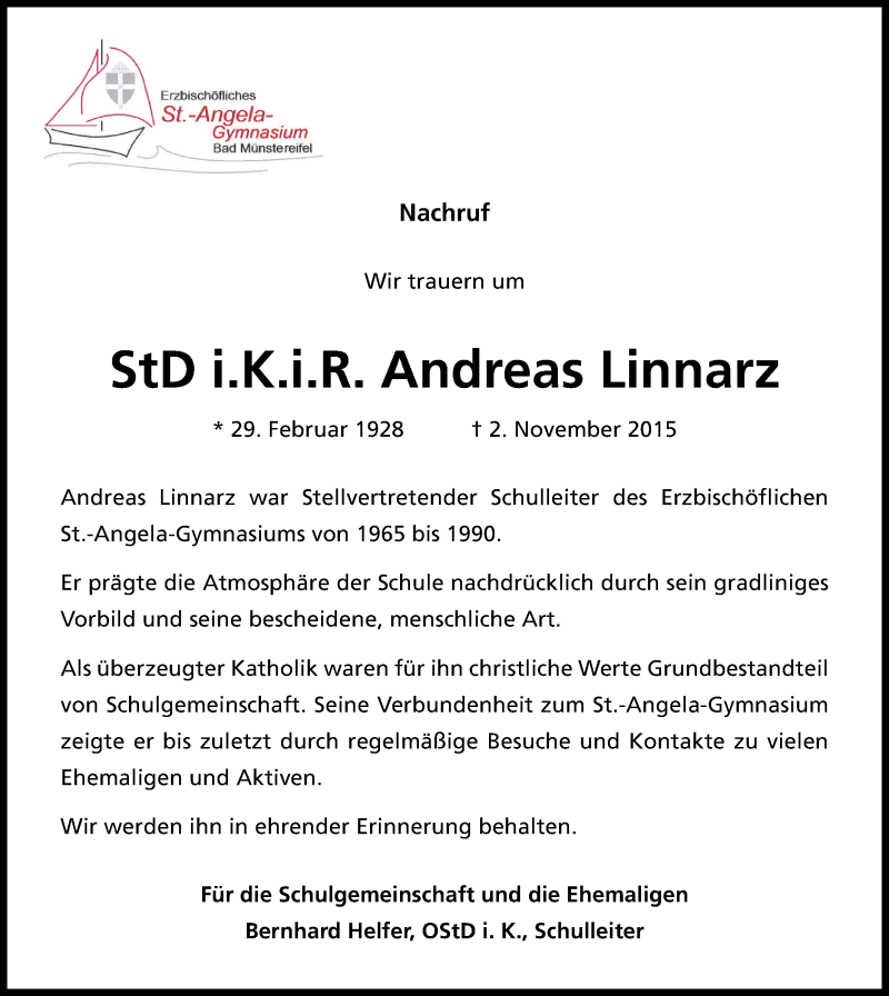  Traueranzeige für Andreas Linnarz vom 07.11.2015 aus Kölner Stadt-Anzeiger / Kölnische Rundschau / Express