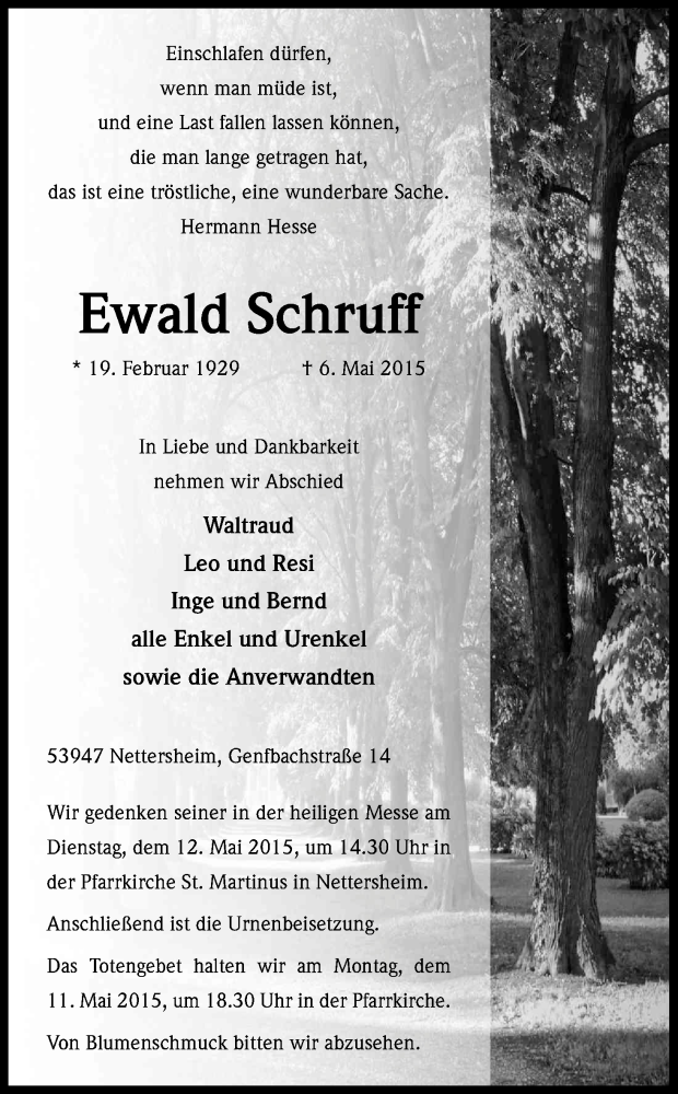  Traueranzeige für Ewald Schruff vom 09.05.2015 aus Kölner Stadt-Anzeiger / Kölnische Rundschau / Express