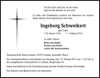 Anzeige von Ingeborg Schweikert von Kölner Stadt-Anzeiger / Kölnische Rundschau / Express