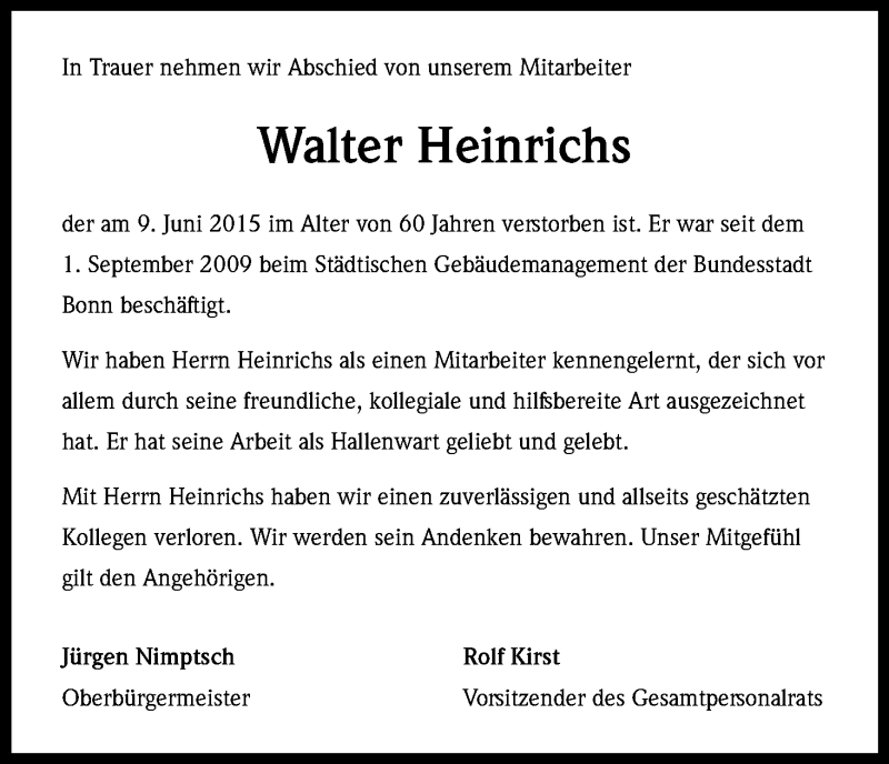 Traueranzeige für Walter Heinrichs vom 25.06.2015 aus Kölner Stadt-Anzeiger / Kölnische Rundschau / Express