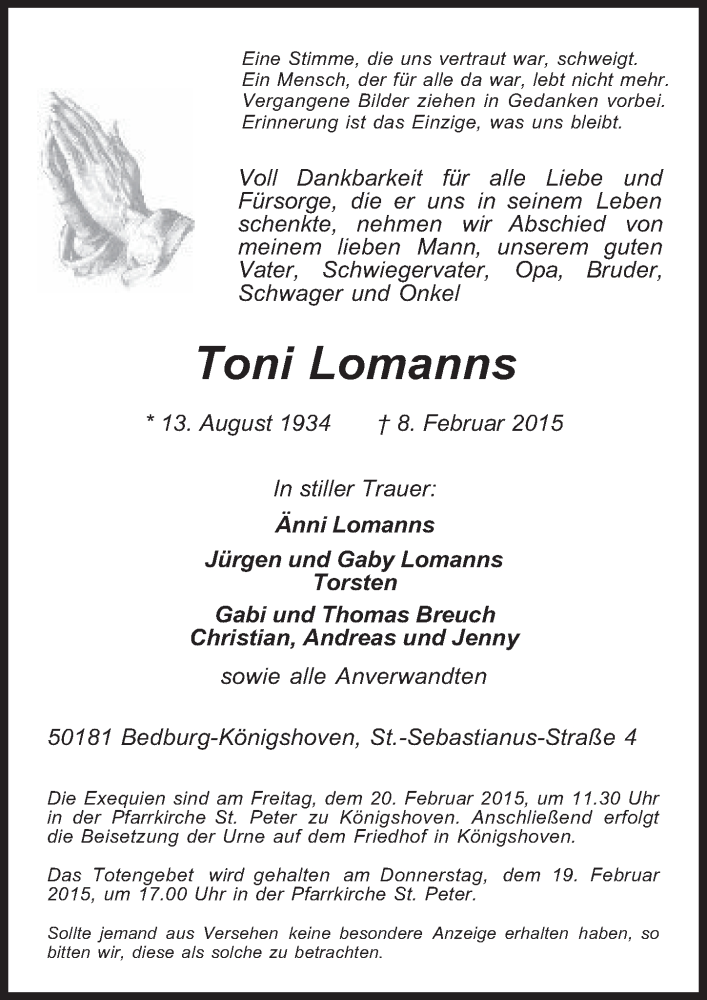  Traueranzeige für Toni Lomanns vom 18.02.2015 aus  Werbepost 