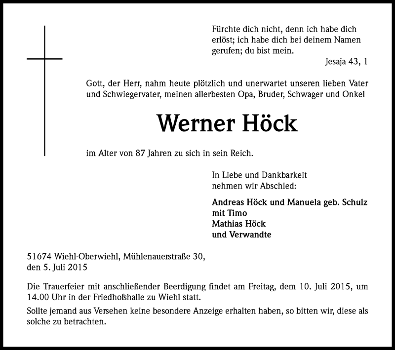  Traueranzeige für Werner Höck vom 07.07.2015 aus Kölner Stadt-Anzeiger / Kölnische Rundschau / Express