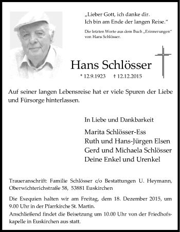 Anzeige von Hans Schlösser von Kölner Stadt-Anzeiger / Kölnische Rundschau / Express