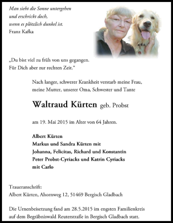 Anzeige von Waltraud Kürten von Kölner Stadt-Anzeiger / Kölnische Rundschau / Express