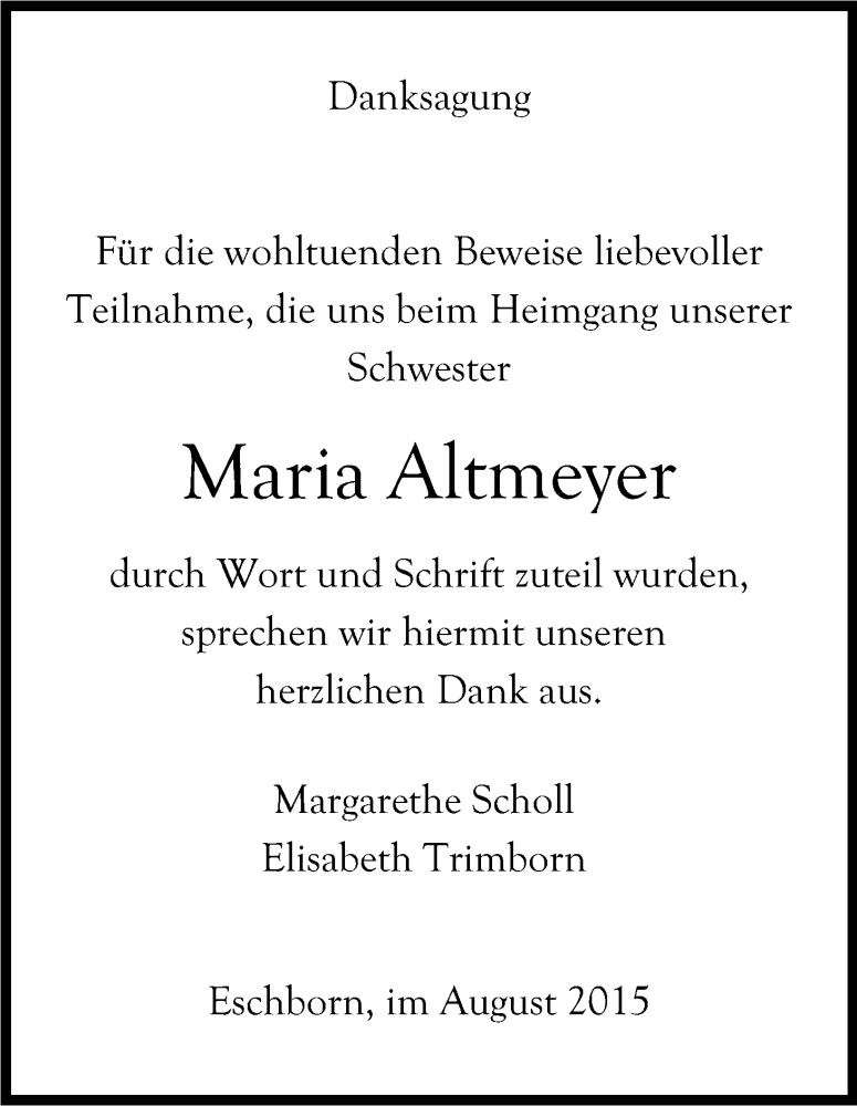  Traueranzeige für Maria Altmeyer vom 01.08.2015 aus Kölner Stadt-Anzeiger / Kölnische Rundschau / Express