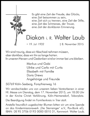 Anzeige von Walter Laub von Köln - Wir Trauern