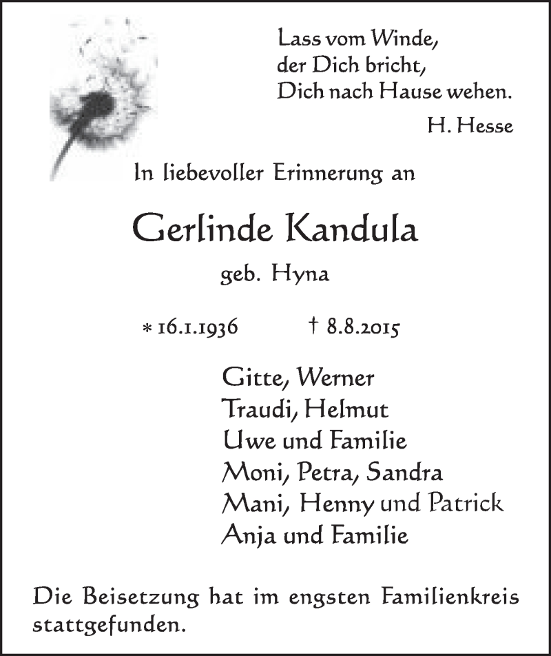  Traueranzeige für Gerlinde Kandula vom 23.09.2015 aus  Schlossbote/Werbekurier 