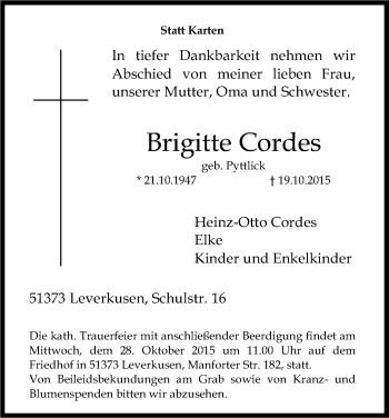 Anzeige von Brigitte Cordes von Kölner Stadt-Anzeiger / Kölnische Rundschau / Express