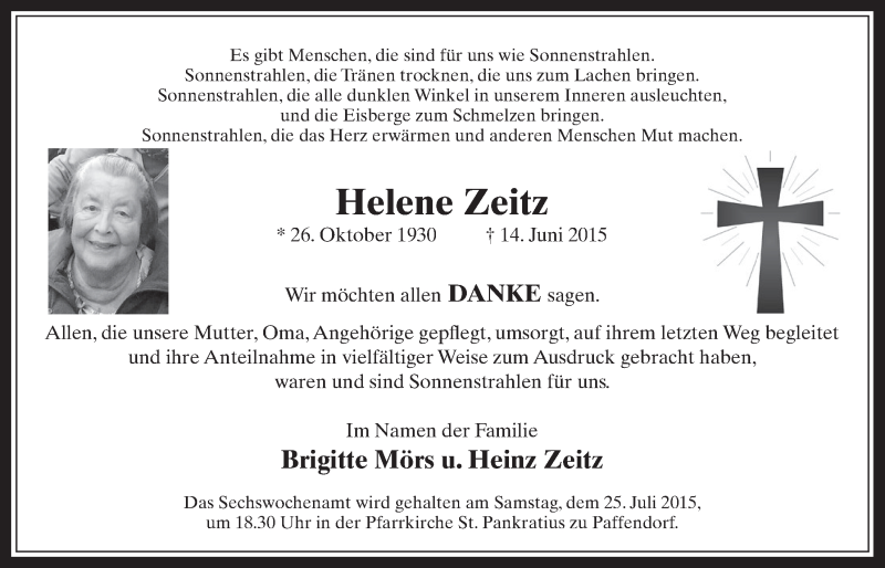  Traueranzeige für Helene  Zeitz vom 15.07.2015 aus  Werbepost 