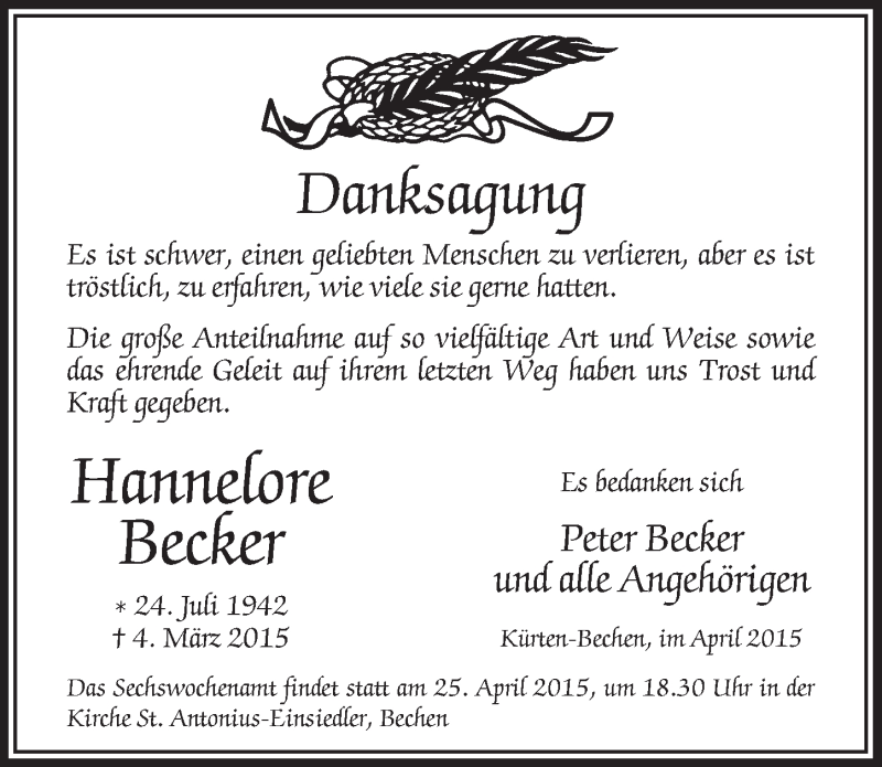  Traueranzeige für Hannelore Becker vom 22.04.2015 aus  Bergisches Handelsblatt 