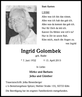 Anzeige von Ingrid Golombek von Kölner Stadt-Anzeiger / Kölnische Rundschau / Express