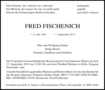 Anzeige von Fred Fischenich von Kölner Stadt-Anzeiger / Kölnische Rundschau / Express