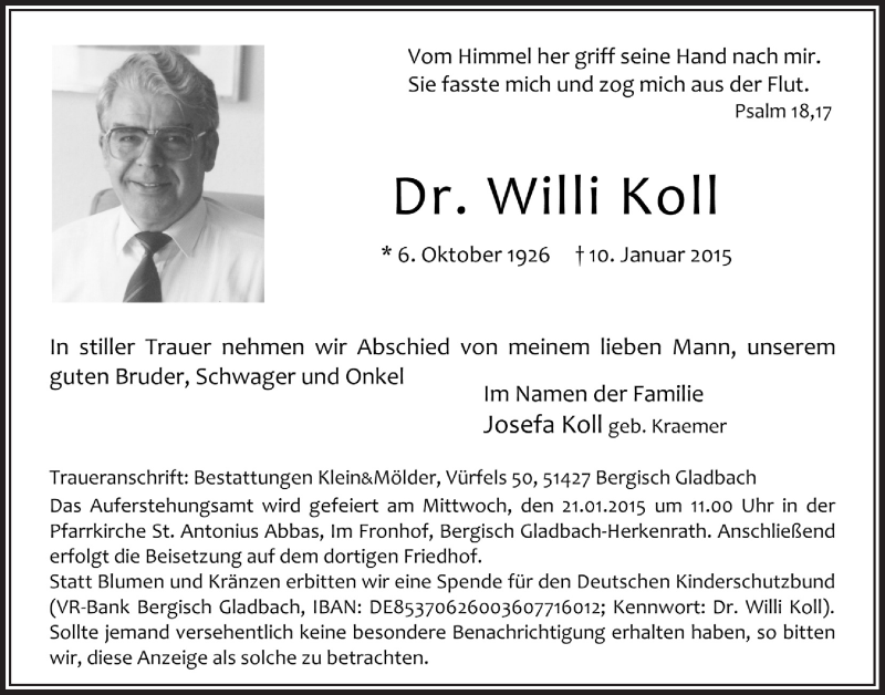  Traueranzeige für Willi Koll vom 17.01.2015 aus  Bergisches Sonntagsblatt 