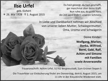 Anzeige von Ilse Urfel von  Anzeigen Echo 