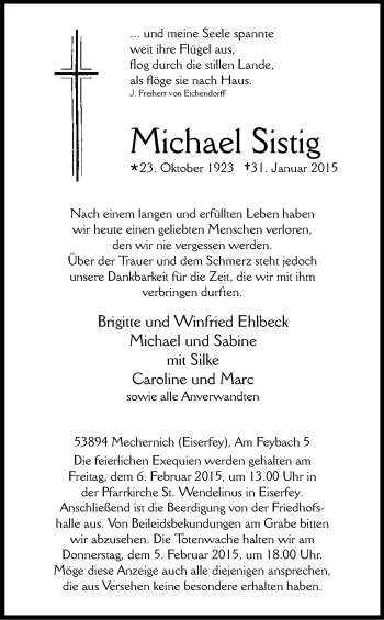 Anzeige von Michael Sistig von Kölner Stadt-Anzeiger / Kölnische Rundschau / Express