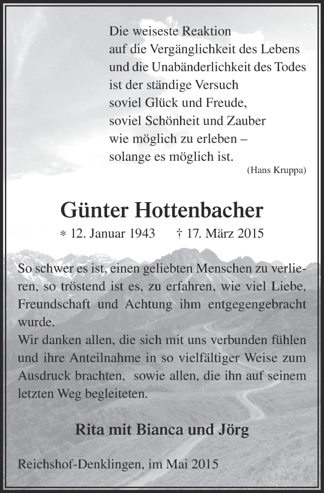  Traueranzeige für Günter Hottenbacher vom 06.05.2015 aus  Lokalanzeiger 