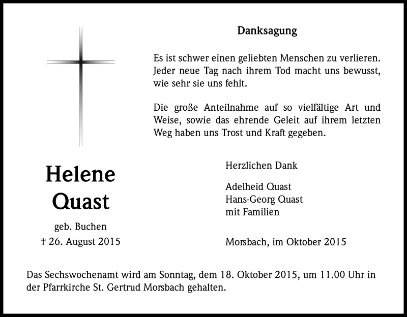  Traueranzeige für Helene Quast vom 14.10.2015 aus Kölner Stadt-Anzeiger / Kölnische Rundschau / Express