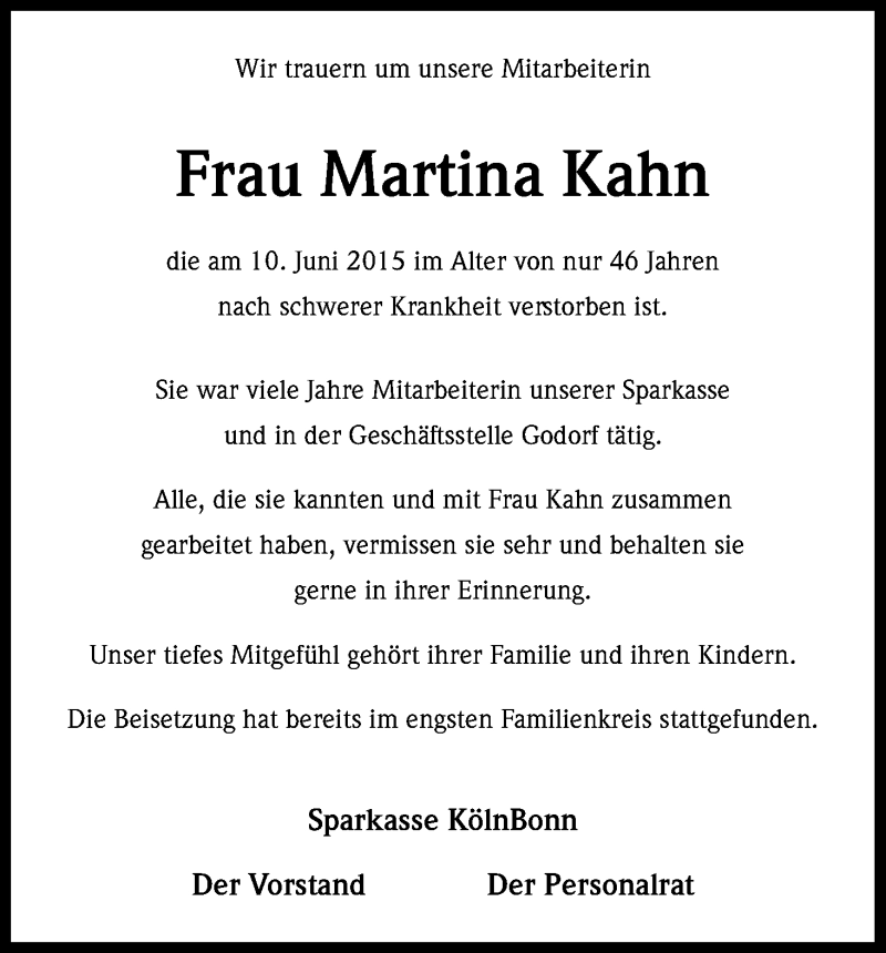  Traueranzeige für Martina Kahn vom 23.06.2015 aus Kölner Stadt-Anzeiger / Kölnische Rundschau / Express