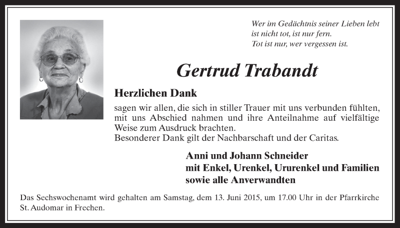  Traueranzeige für Gertrud Trabandt vom 10.06.2015 aus  Wochenende 