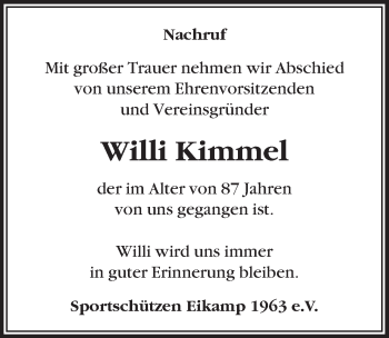 Anzeige von Willi Kimmel von  Bergisches Handelsblatt 