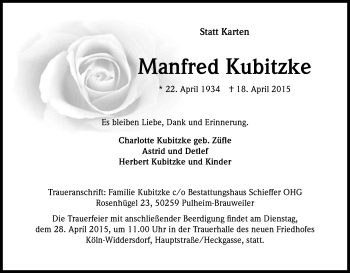 Anzeige von Manfred Kubitzke von Kölner Stadt-Anzeiger / Kölnische Rundschau / Express