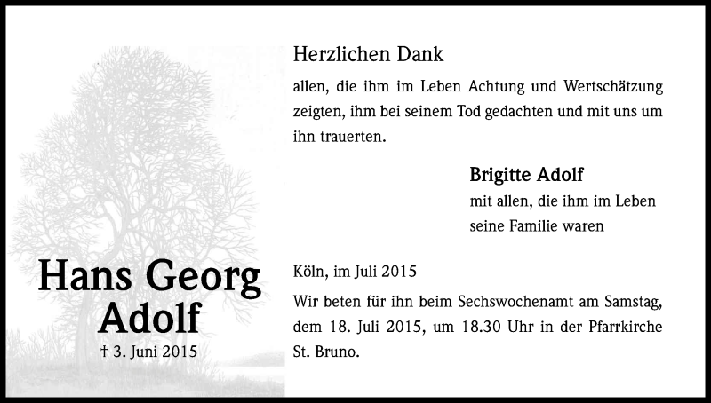  Traueranzeige für Hans Georg Adolf vom 04.07.2015 aus Kölner Stadt-Anzeiger / Kölnische Rundschau / Express