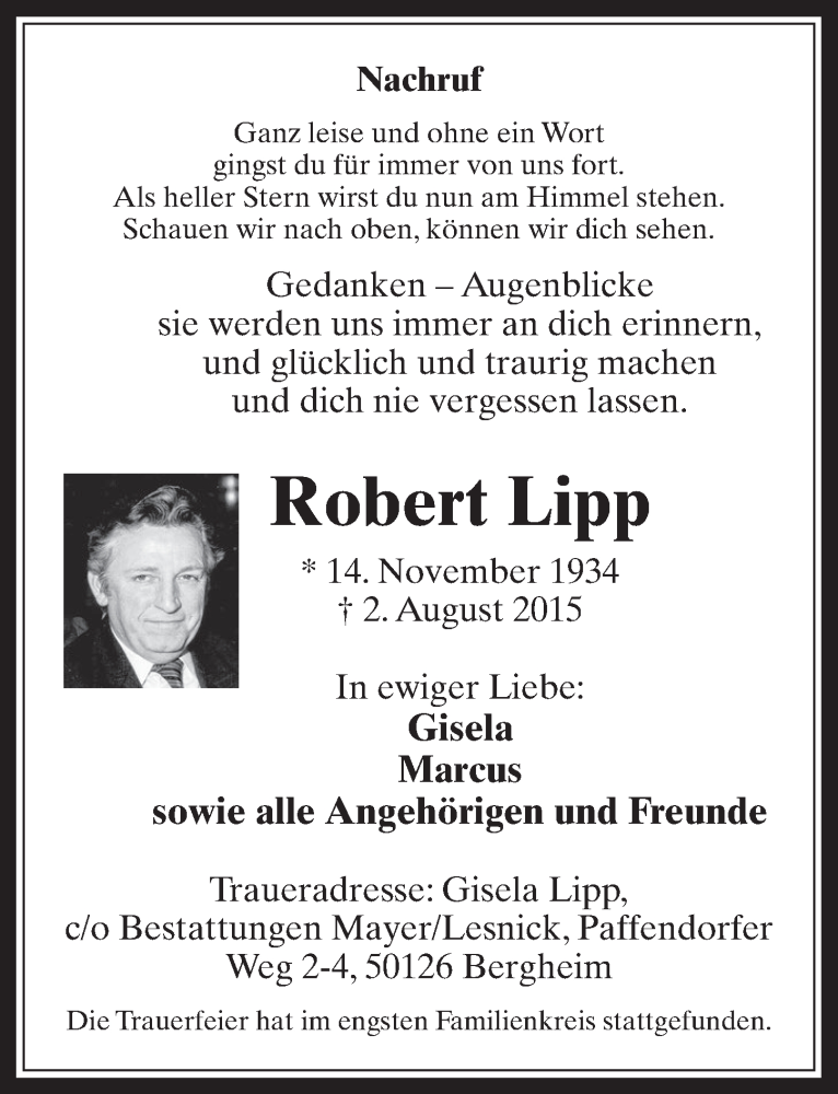  Traueranzeige für Robert Lipp vom 19.08.2015 aus  Werbepost 