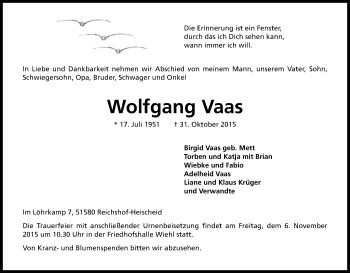Anzeige von Wolfgang Vaas von Kölner Stadt-Anzeiger / Kölnische Rundschau / Express