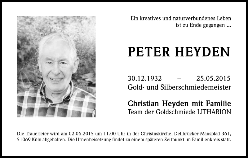  Traueranzeige für Peter Heyden vom 30.05.2015 aus Kölner Stadt-Anzeiger / Kölnische Rundschau / Express