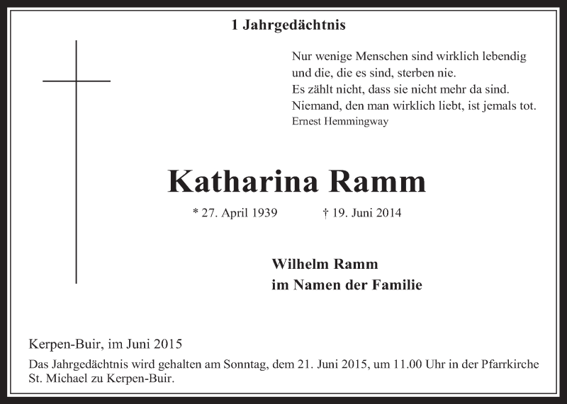  Traueranzeige für Katharina Ramm vom 17.06.2015 aus  Werbepost 