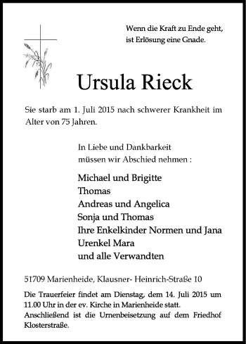 Anzeige von Ursula Rieck von Kölner Stadt-Anzeiger / Kölnische Rundschau / Express