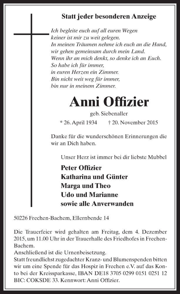  Traueranzeige für Anni Offizier vom 25.11.2015 aus  Wochenende 